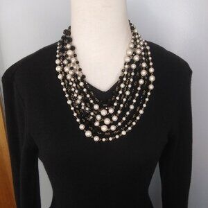 multi strand faceted black beads and faux pearls necklace sparkly elegance